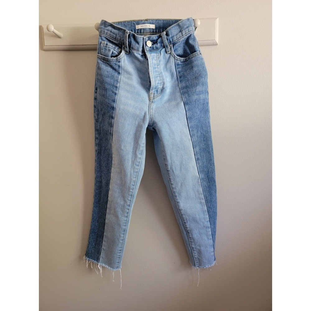 Pacsun Women's Two Tone High Rise Straight Waist 22 Button Closure Frayed Hem